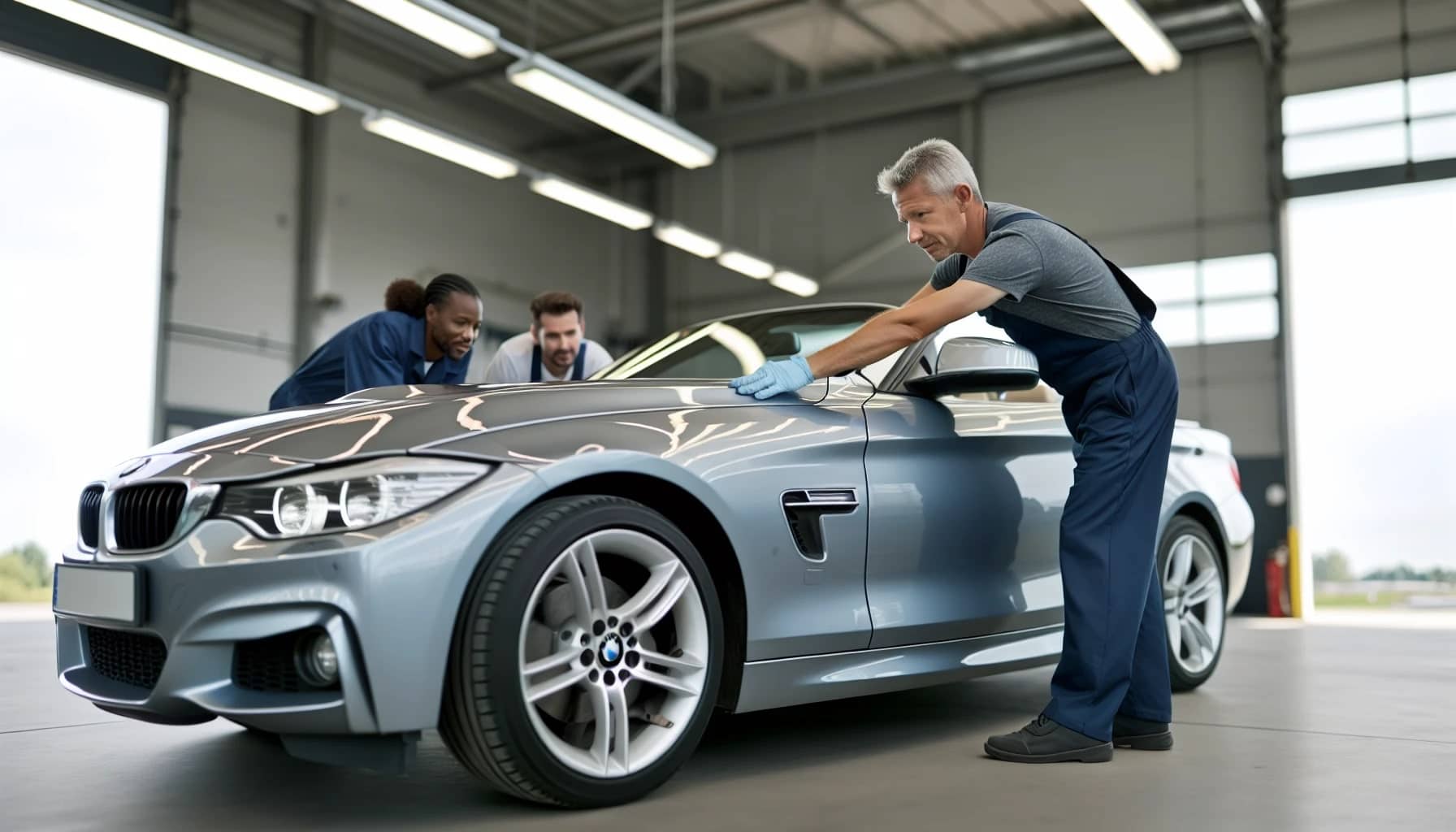 Inspecting the exterior of a used BMW convertible